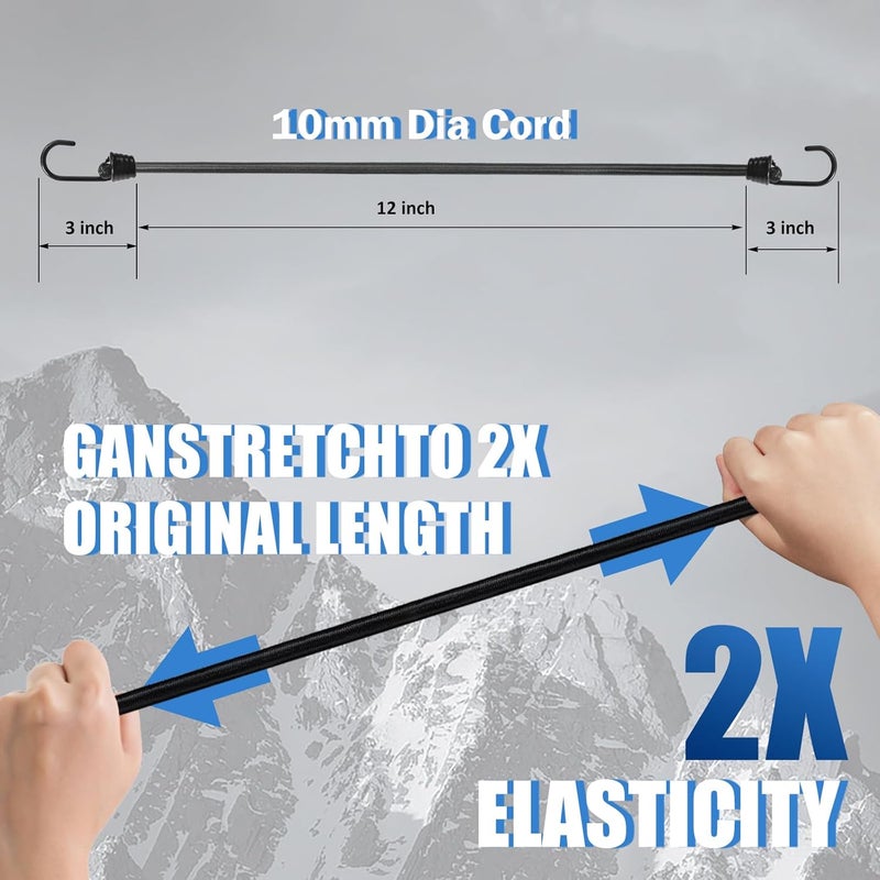 Joneaz Bungee Cords 12 inch with Metal Hooks, 4 Pack, Black Heavy Duty Bungee Cord with 10mm Diameter, Marine Grade Plastic Coating Hooks - Image 2